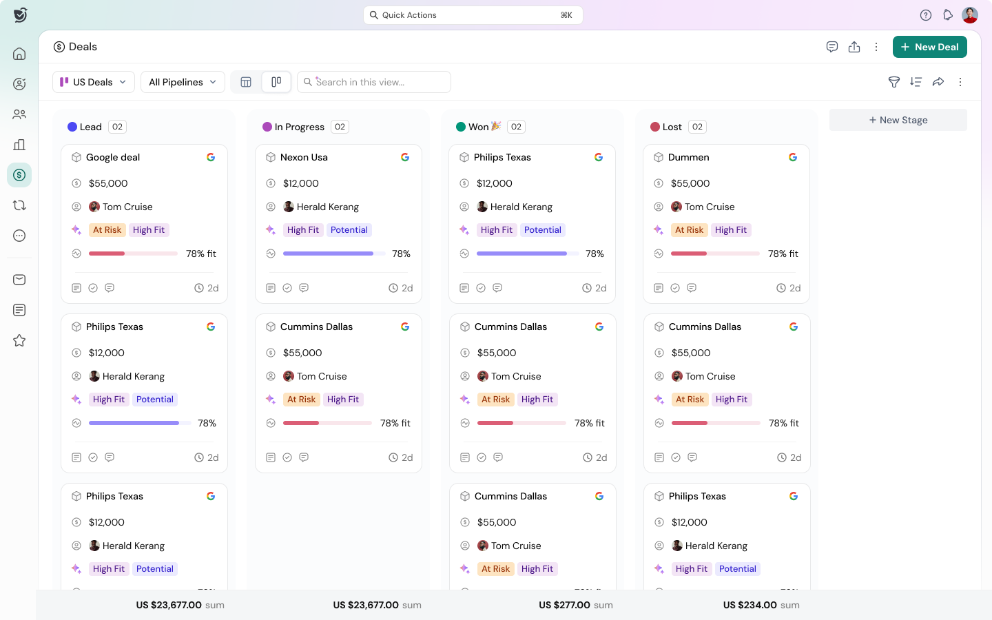 Sparrowcrm's deals dashboard in kanban view to manage the deals.  